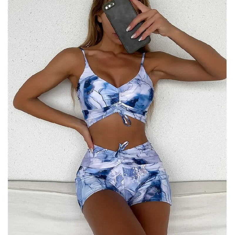 Sexy Printed Top & Boyshorts Drawstring Bikini Split Swimsuit Wholesale Womens Swimwear