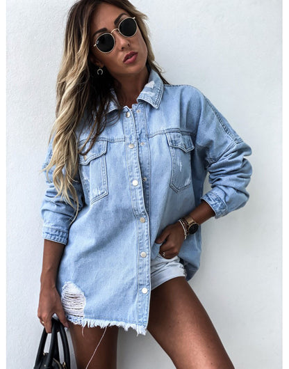 Boyfriend Denim Shirt Top Jacket Curvy Tassel Hem Ripped