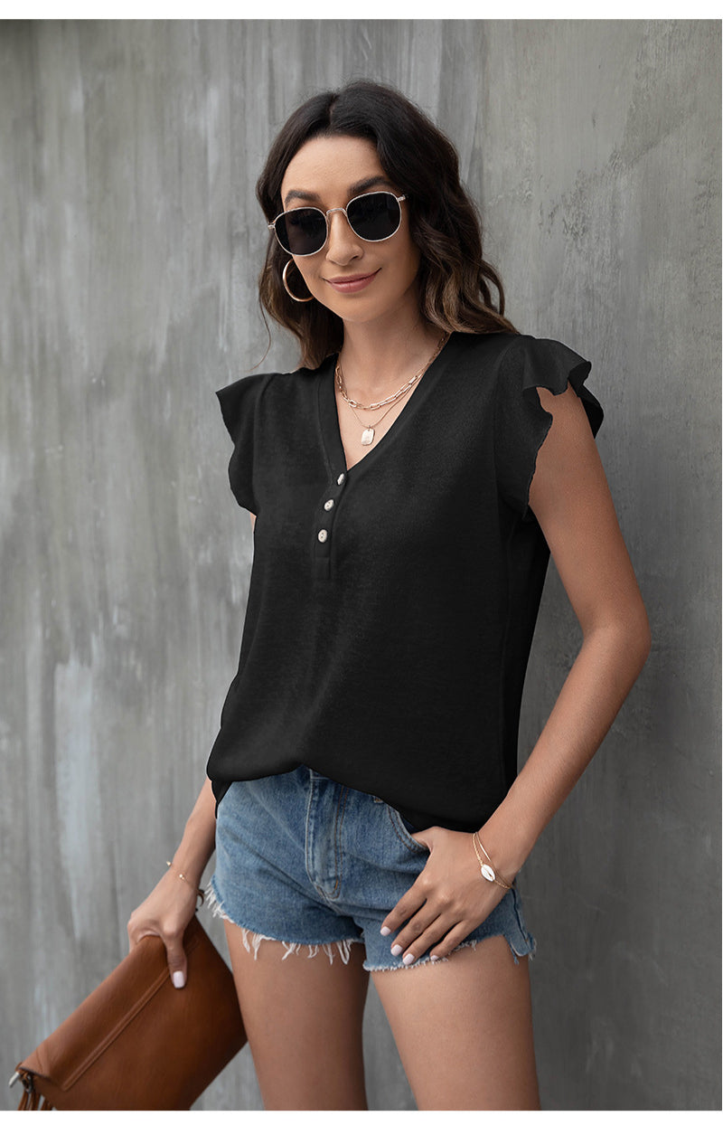Solid Color Short Sleeve Ruffle Sleeve Wholesale Blouses For Women Summer