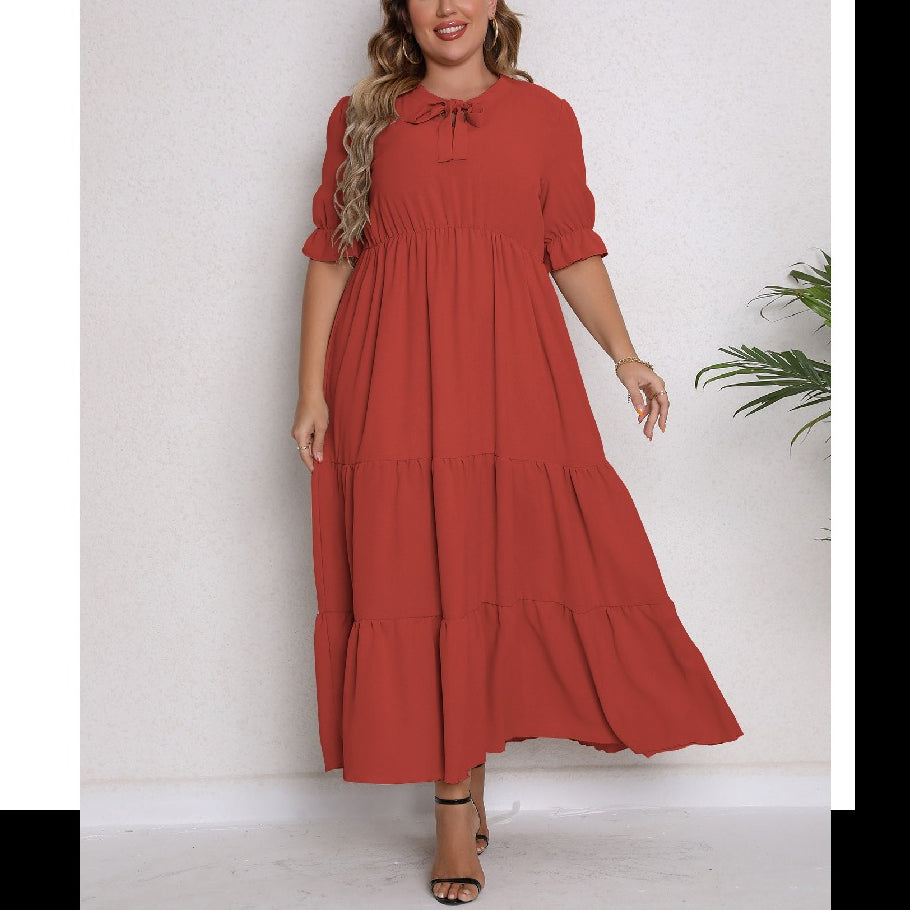 Wholesale Women'S Plus Size Clothing Round Neck Tie Short Sleeve Slim Solid Color Dress