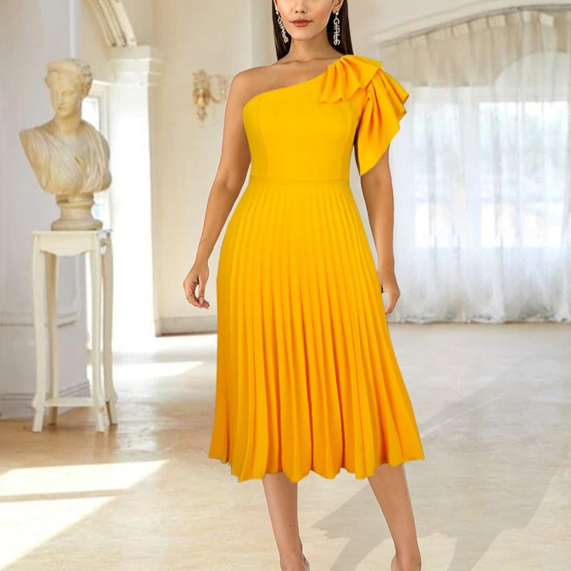 One Shoulder Pleated Yellow Irregular Wholesale Prom Dresses