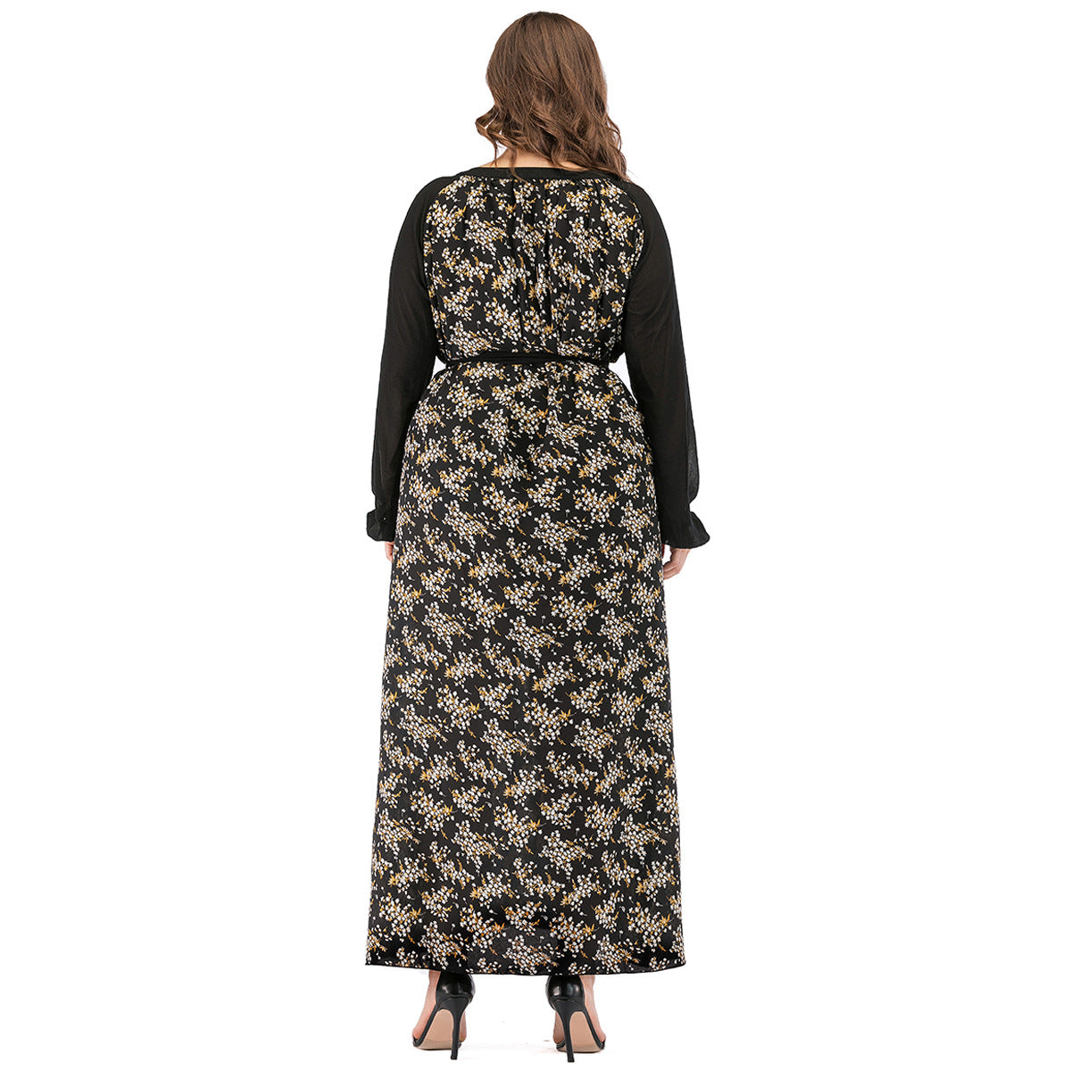 Wholesale Women'S Plus Size Clothing Round Neck Panel Long Sleeve Printed Dress