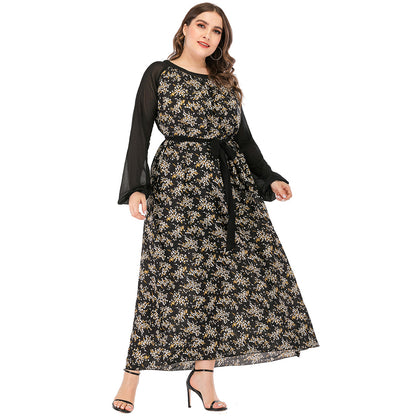 Wholesale Women'S Plus Size Clothing Round Neck Panel Long Sleeve Printed Dress