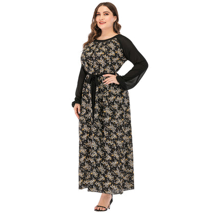 Wholesale Women'S Plus Size Clothing Round Neck Panel Long Sleeve Printed Dress