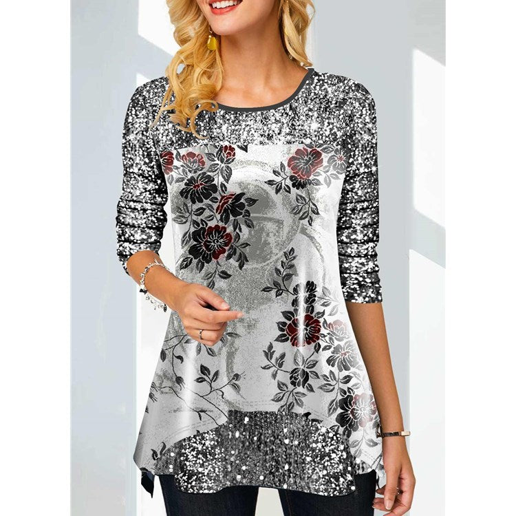 Fashion Printed Tops Loose Crew Neck Wholesale Womens Long Sleeve T Shirts