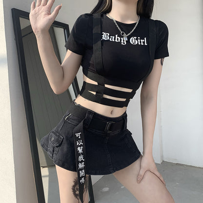 Letter Printed Gothic Punk Dark Style Wholesale Crop Top Tieback Design