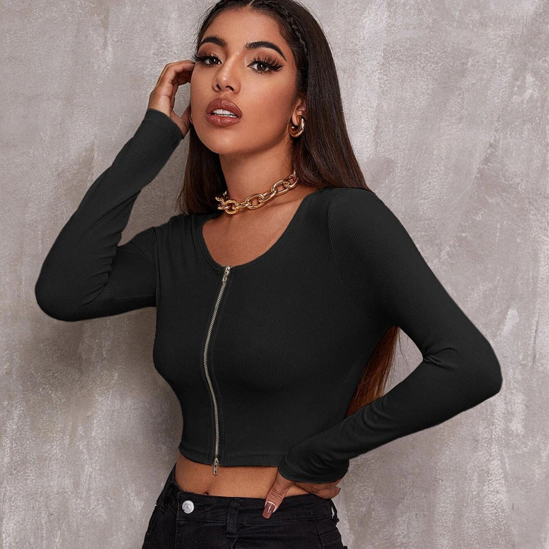 Regular Zipper Knitting O-neck Crop Top