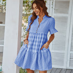 Short Sleeve V Neck Summer Plaid Printed Casual Dress Day Wholesale SD191081