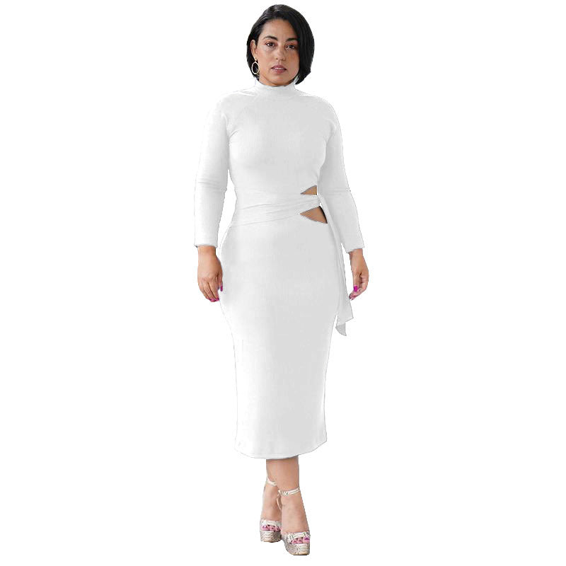 Solid Color Long Sleeve High Waist Hollow Tight-Fitting Mid-Length Dress