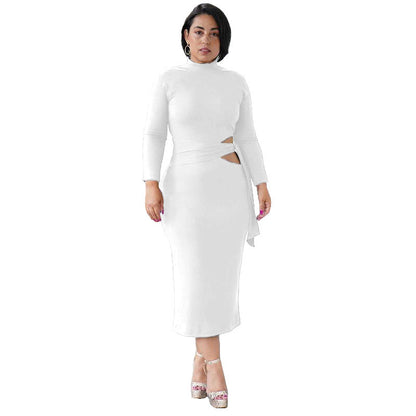 Solid Color Long Sleeve High Waist Hollow Tight-Fitting Mid-Length Dress