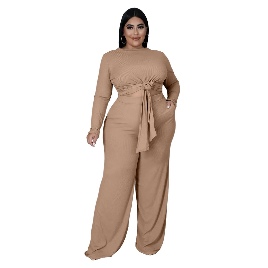 Plus Size 2pcs Wholesale Women Long Sleeve Top + Wide Leg Pants