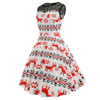 Christmas Print Waist Dress Women Wholesale