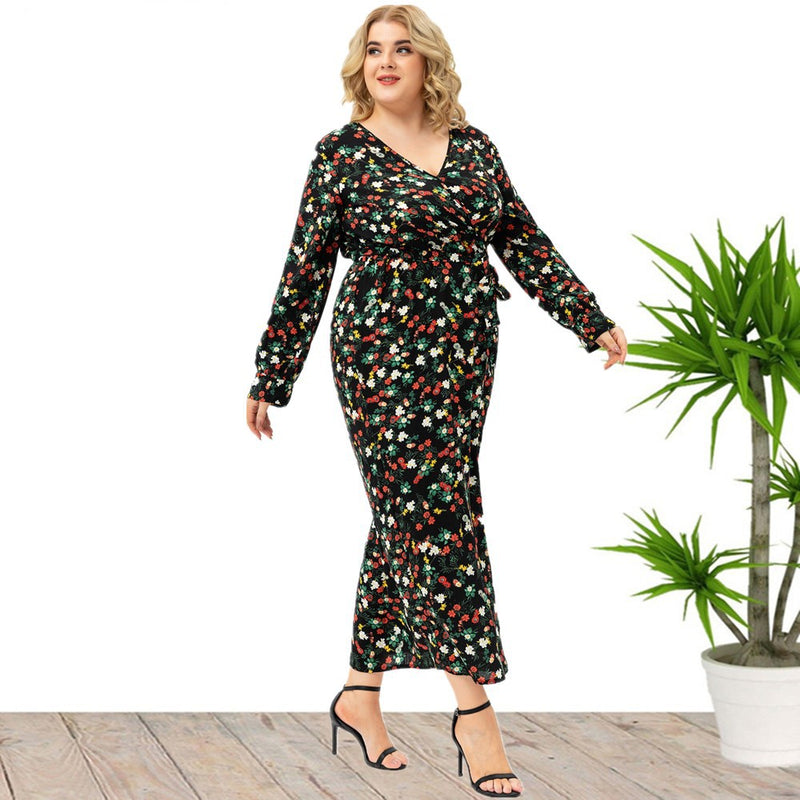 Plus Size Women Long Sleeve Floral Split Dress Wholesale