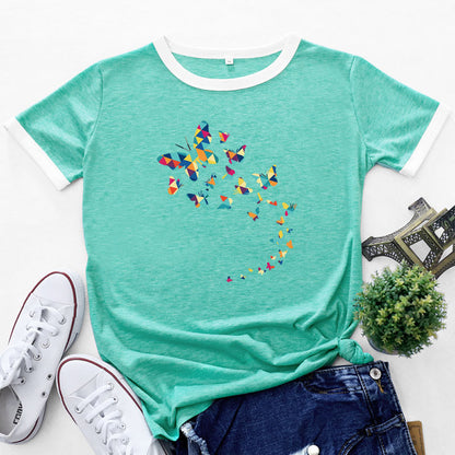 Women Fashion Butterfly Print Short Sleeve Wholesale T-shirts Summer