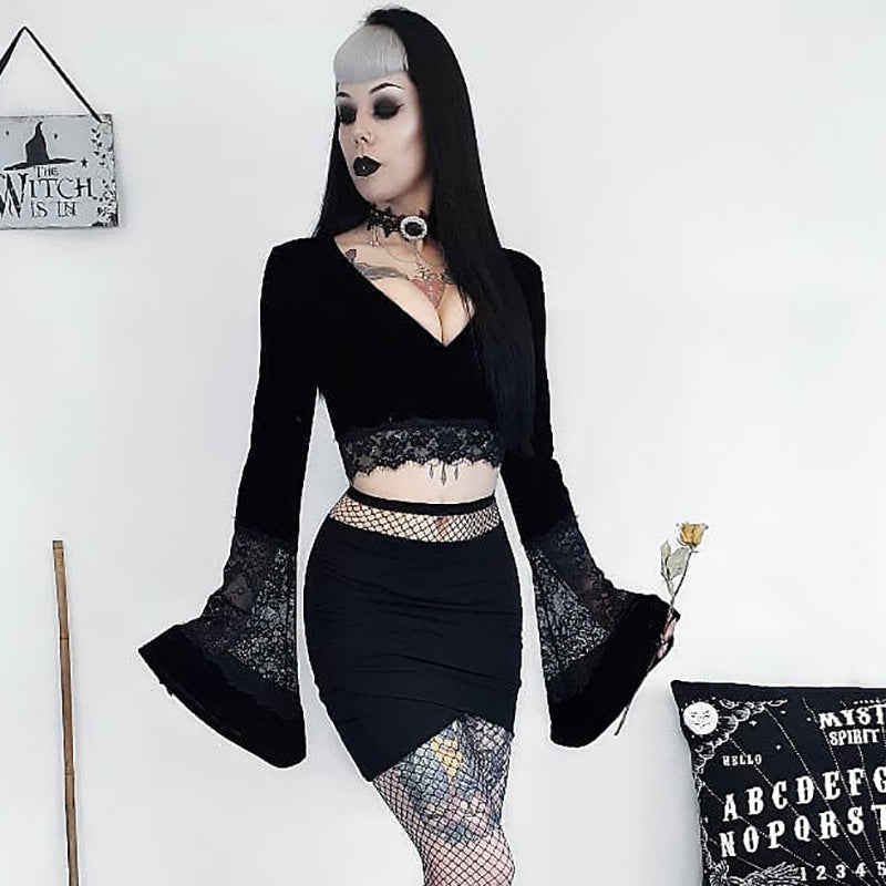 Flared Long Sleeves Lace Wholesale Crop Tops Gothic Punk Dark Style
