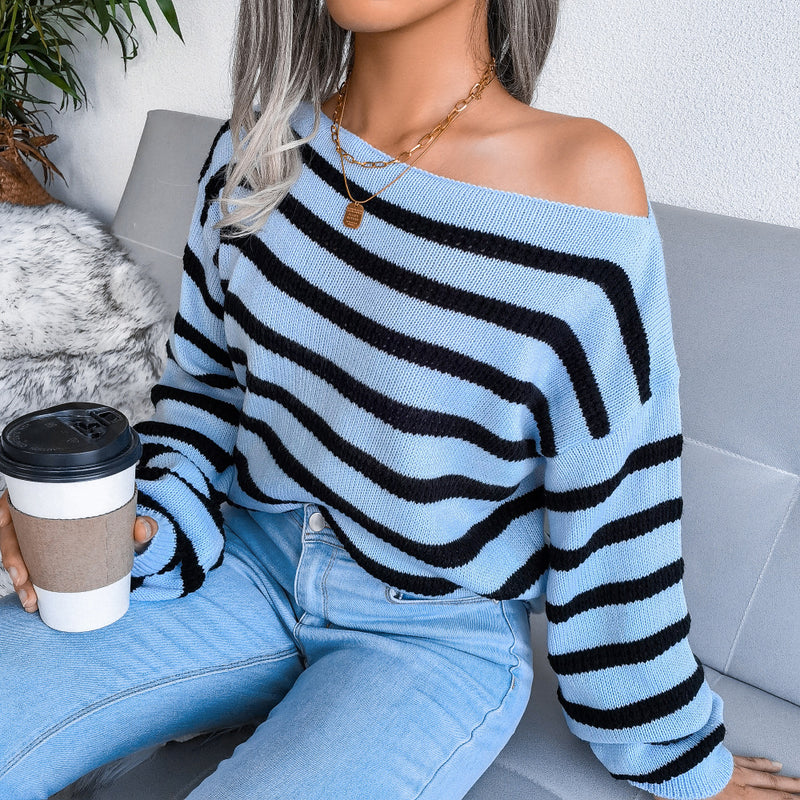 Off  Shoulder Casual Loose Striped Knitted Sweater Tops