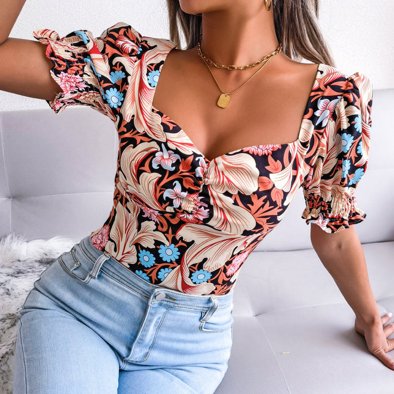 Summer Printed Sexy Square Neck Chiffon Back Elasticated Wholesale T Shirts Fashion Womens Tops