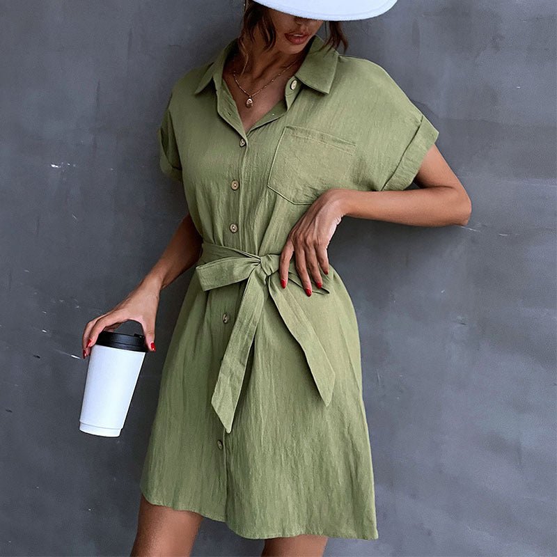 Lapel Short Sleeve Cotton And Linen Shirt Dress Wholesale