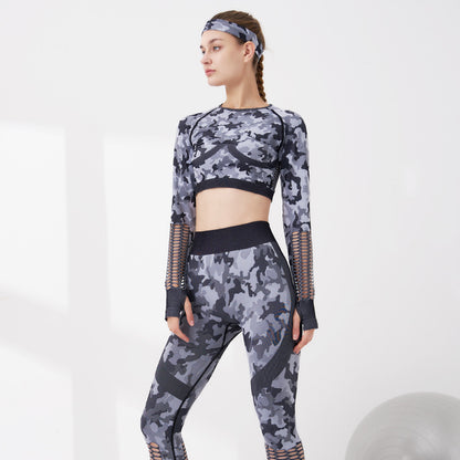 Ladies Hollow Long-Sleeved Crop Top & Leggings Set Yoga Set Camouflage