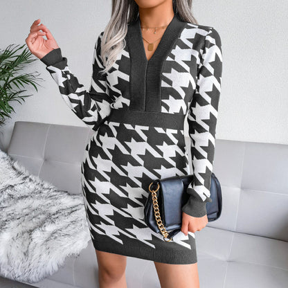 Houndstooth Fashion Knitted Dress Lady Wholesale