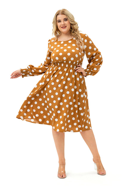 Xmas Plus Size Wholesale Long-Sleeved Polka-Dot Midi Dress