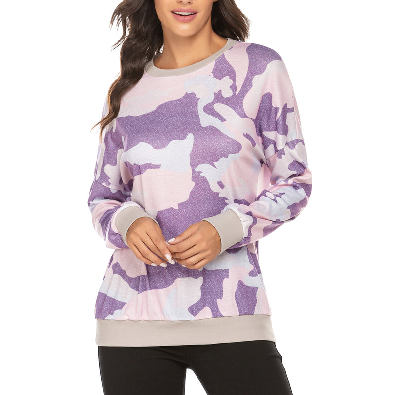 Round Neck Camo Printed Pullover Sweatshirts Wholesale Womens Tops
