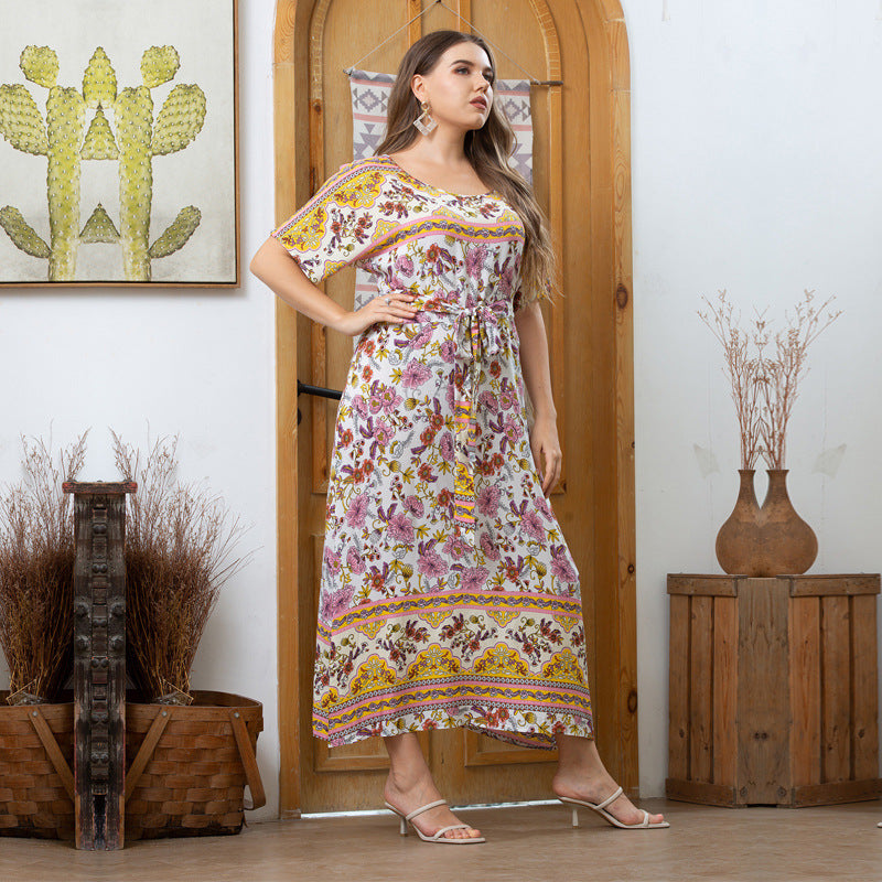 Round Neck Short Sleeve Curvy Bohemian Dresses Wholesale Plus Size Clothing