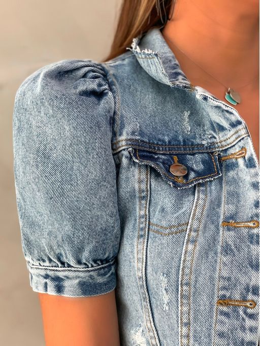 Retro Ripped Puff Sleeve Wholesale Denim Jacket Slim Solid Color Women Crop Coat