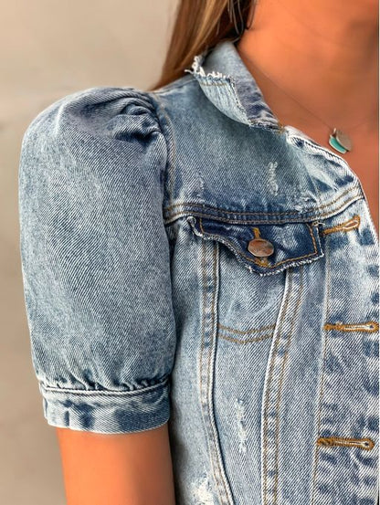 Retro Ripped Puff Sleeve Wholesale Denim Jacket Slim Solid Color Women Crop Coat