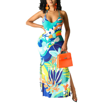 Colorful Print Low Cut Hollow Bodycon Dress Wholesale Maxi Dresses