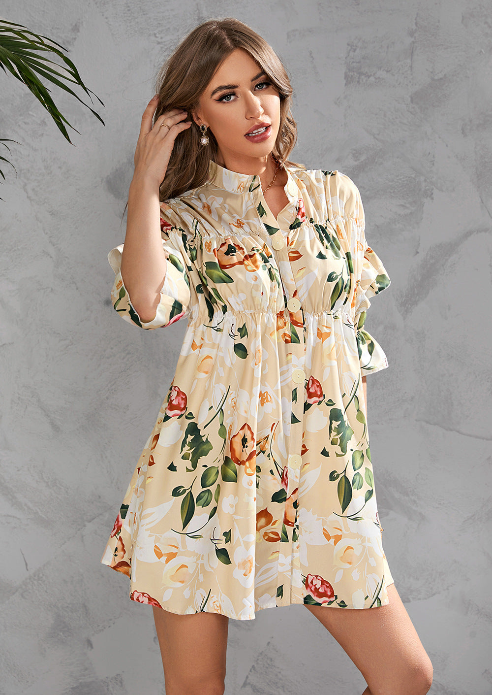 Printed Cropped Half-Sleeve Single-Breasted Wrap Chest Shirtdress Wholesale Casual Dresses