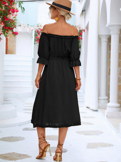 Ruffled One Shoulder Off Shoulder Swing Dress Wholesale Dresses