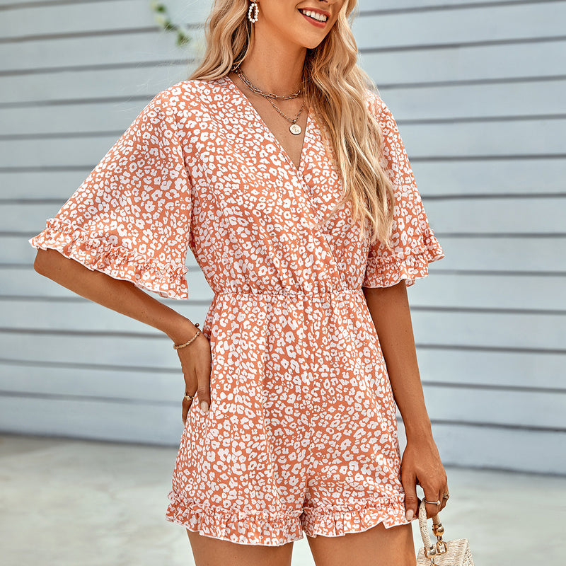 Fashion V Neck Printed Cropped Rompers Wholesale Jumpsuits