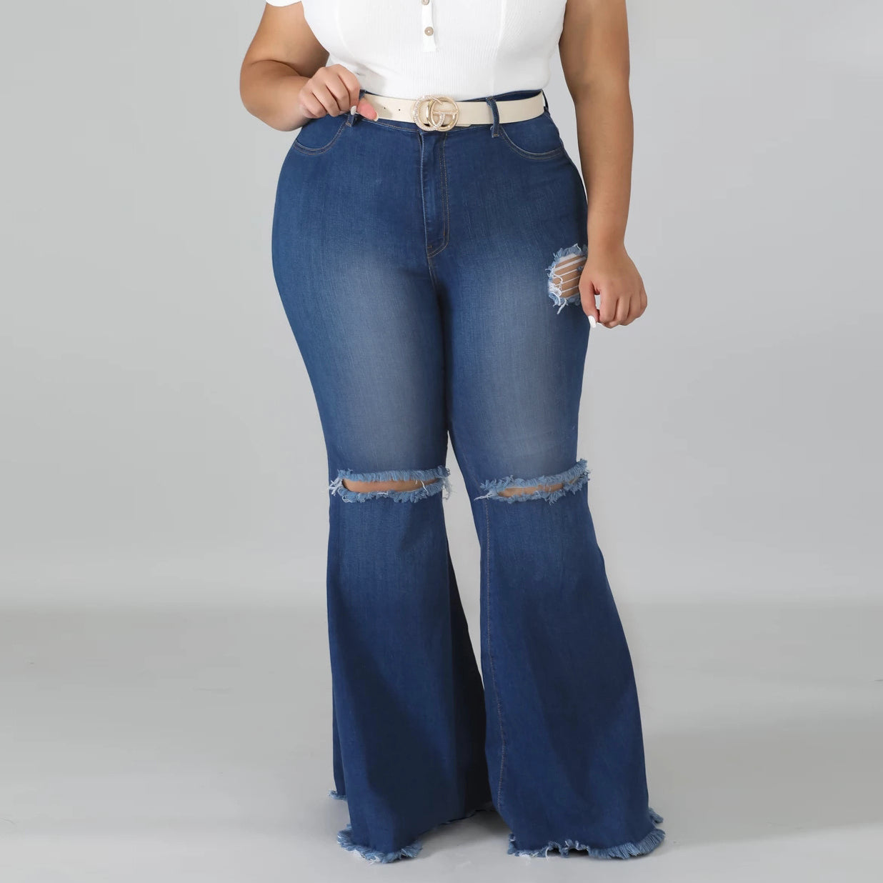 Ripped Knee Bell Bottoms Plus Size Jeans Wholesale