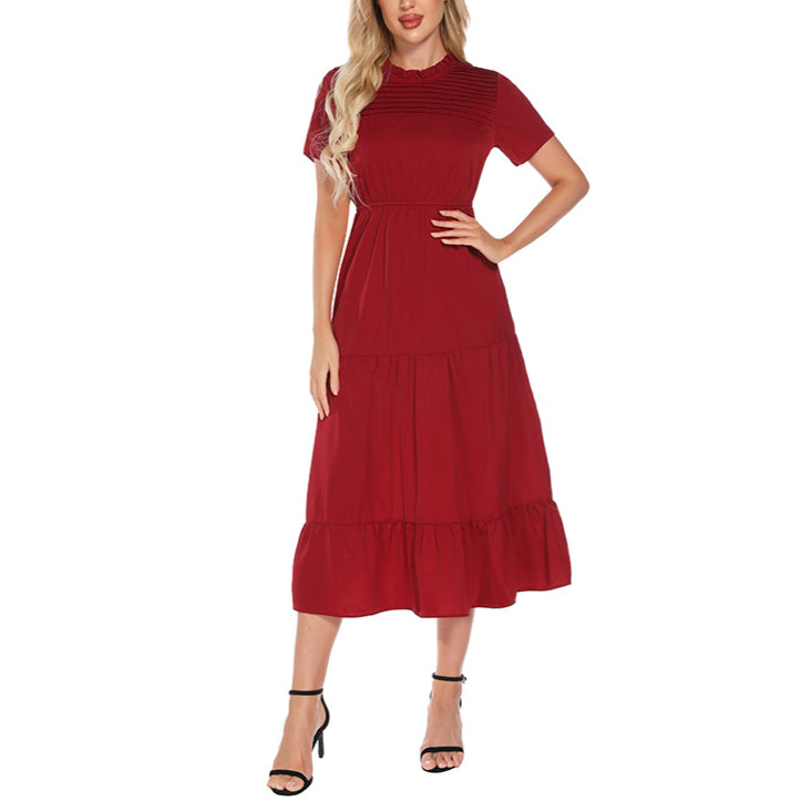 Short-Sleeve Round Neck Midi Chiffon Smocked Dress Wholesale Dresses