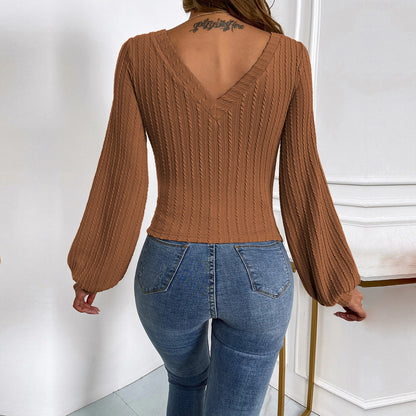 V-Neck Puff Sleeve Slim Fit Knit Long Sleeve T-Shirt Wholesale Womens Tops