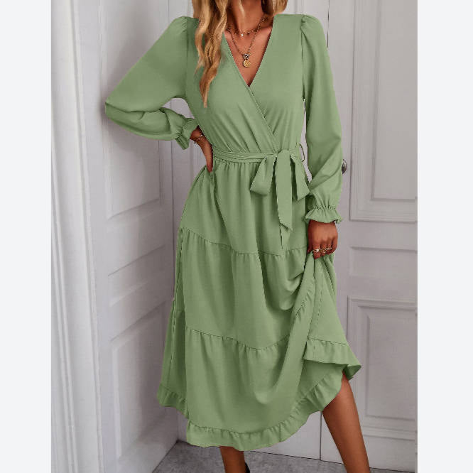 Solid Color Tie-Up Waist Long Sleeve Smocked Dress Wholesale Dresses