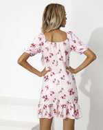Slim Fit Drawstring Floral Print V-Neck Short Sleeve Casual Ruffled Dress Wholesale Dresses