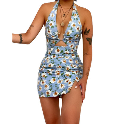 Sexy Halter Deep V Floral One-Piece Swimsuit Hollow Backless Wholesale Womens Swimwear