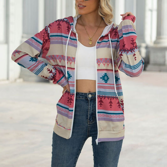 Geometric Print Long Sleeve Loose Pocket Sweatshirt Wholesale Jackets