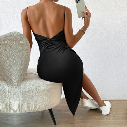 Sexy Backless Slit Bag Hip Midi Sling Dress Wholesale Dresses