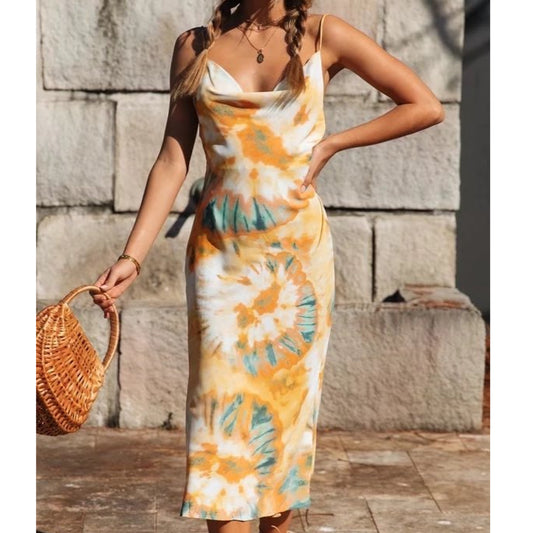 Sundresses Open Back Tie Dye Print Sling Slim Slit Mid-Length A-Line Dress Wholesale Dresses