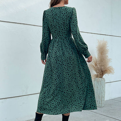 Long Sleeve V-Neck Polka Dot Ruched Dress Wholesale Dresses