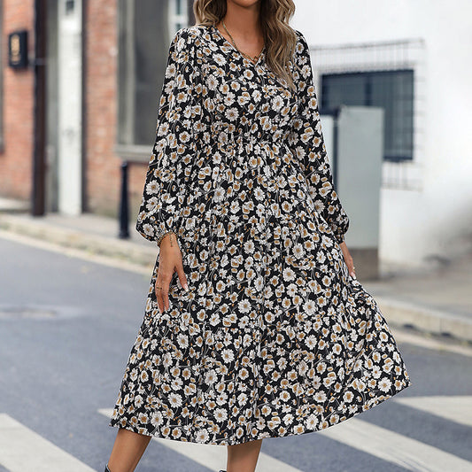 Daisy Print Long Sleeve Casual Swing Dress Wholesale Dresses