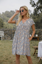 V-Neck Floral Print Short Sleeve Loose Casual Dress With Pocket Summer Wholesale Dresses