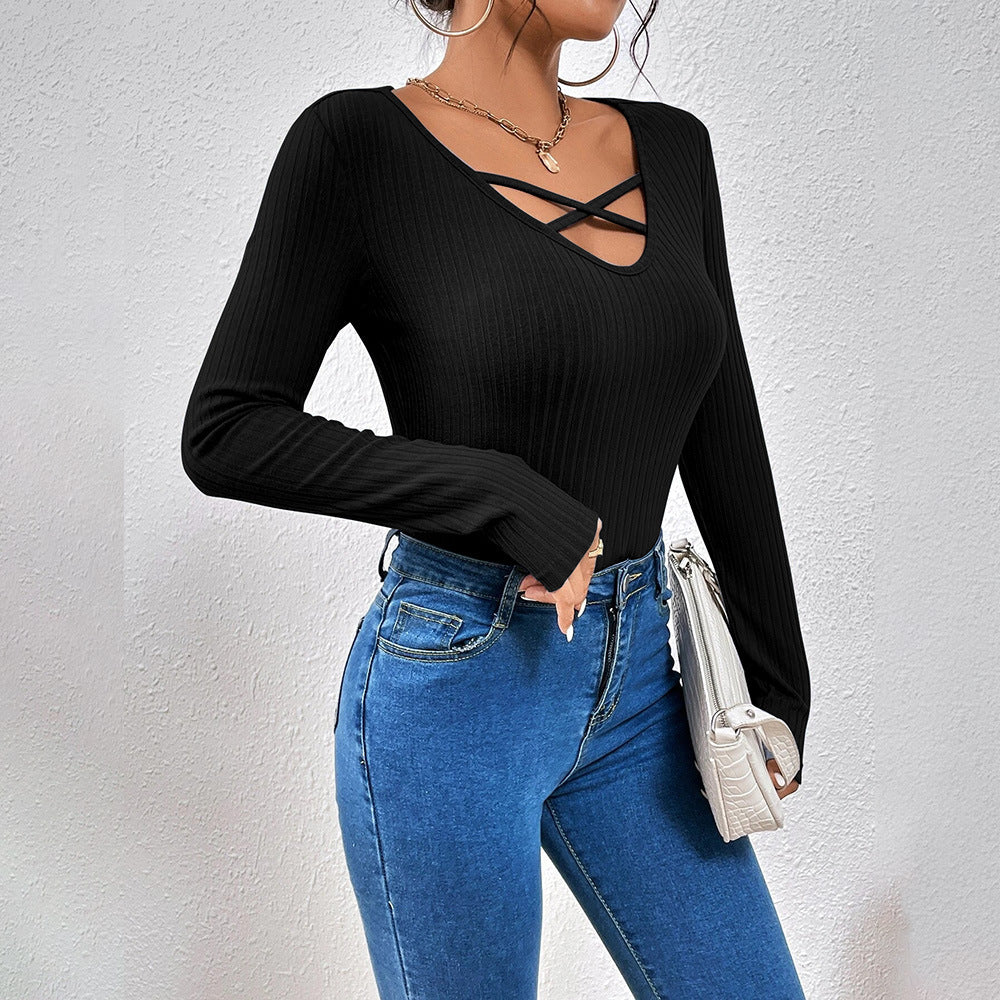 V-Neck Slim Fit Long Sleeves Casual T-Shirts Wholesale Womens Tops