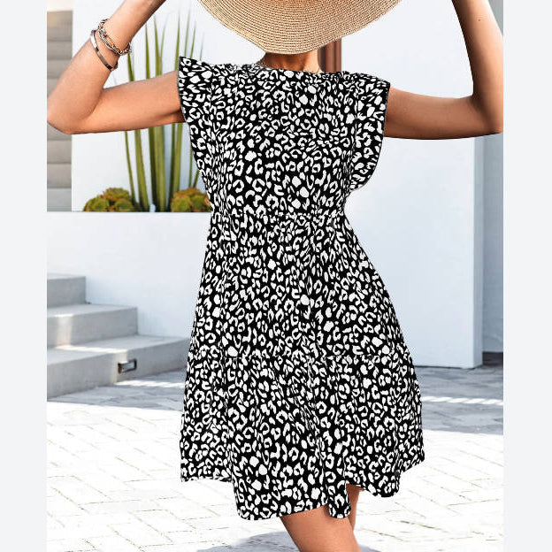 Round Neck Frill Sleeve Vintage Leopard Tank Dress Wholesale Dresses