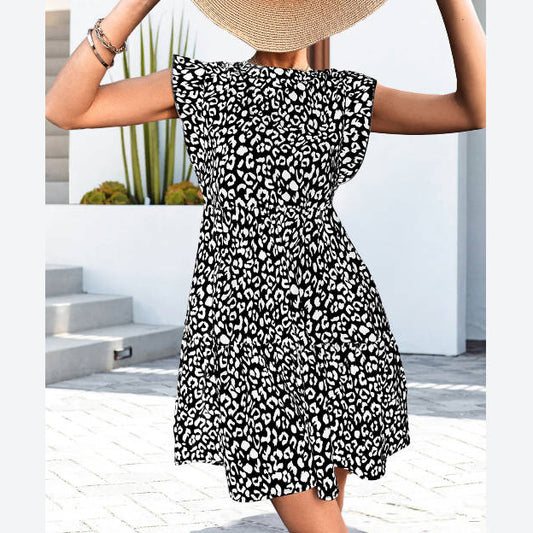 Round Neck Frill Sleeve Vintage Leopard Tank Dress Wholesale Dresses