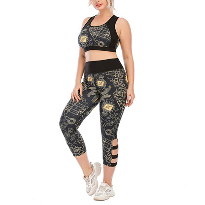 Curvy Yoga Fitness Suits Printed Tight Sport Bra & Hollow Leggings Workout Plus Size Two Piece Sets Wholesale