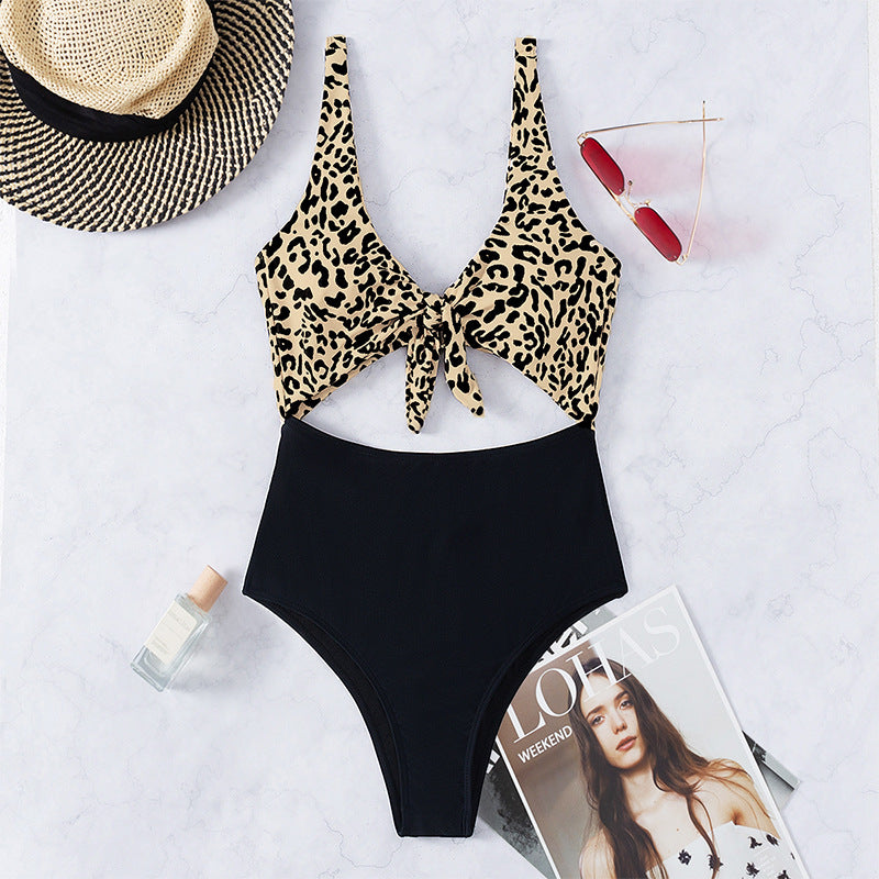Fashion One-Piece Swimsuits Leopard Print Tieback Womens Cutout Swimwear Wholesale Vendors
